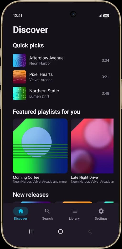 MP3Juice app Discover screen with quick picks, featured playlists and new releases