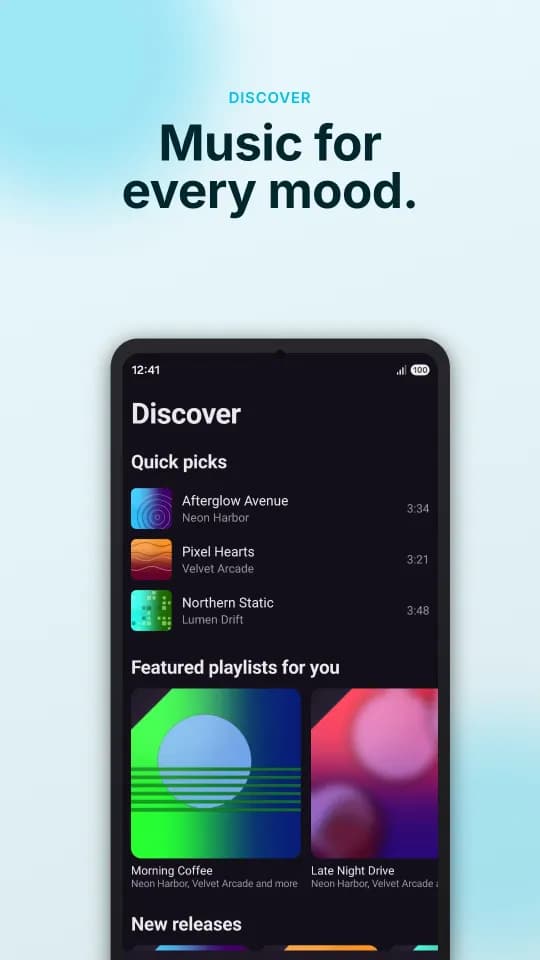 MP3Juice app Discover screen with quick picks, featured playlists and new releases