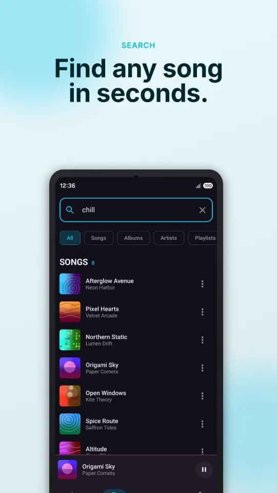MP3Juice app search results for "chill" with filters for songs, albums, artists and playlists