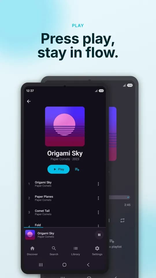 MP3Juice app album page with a Play button, track list and the mini player at the bottom