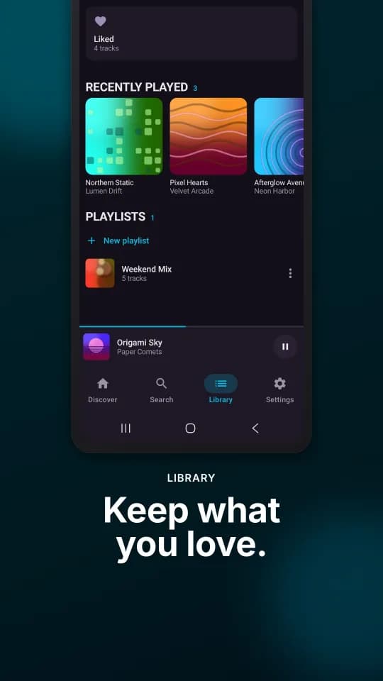 MP3Juice app Library tab showing liked songs, recently played tracks and a user playlist